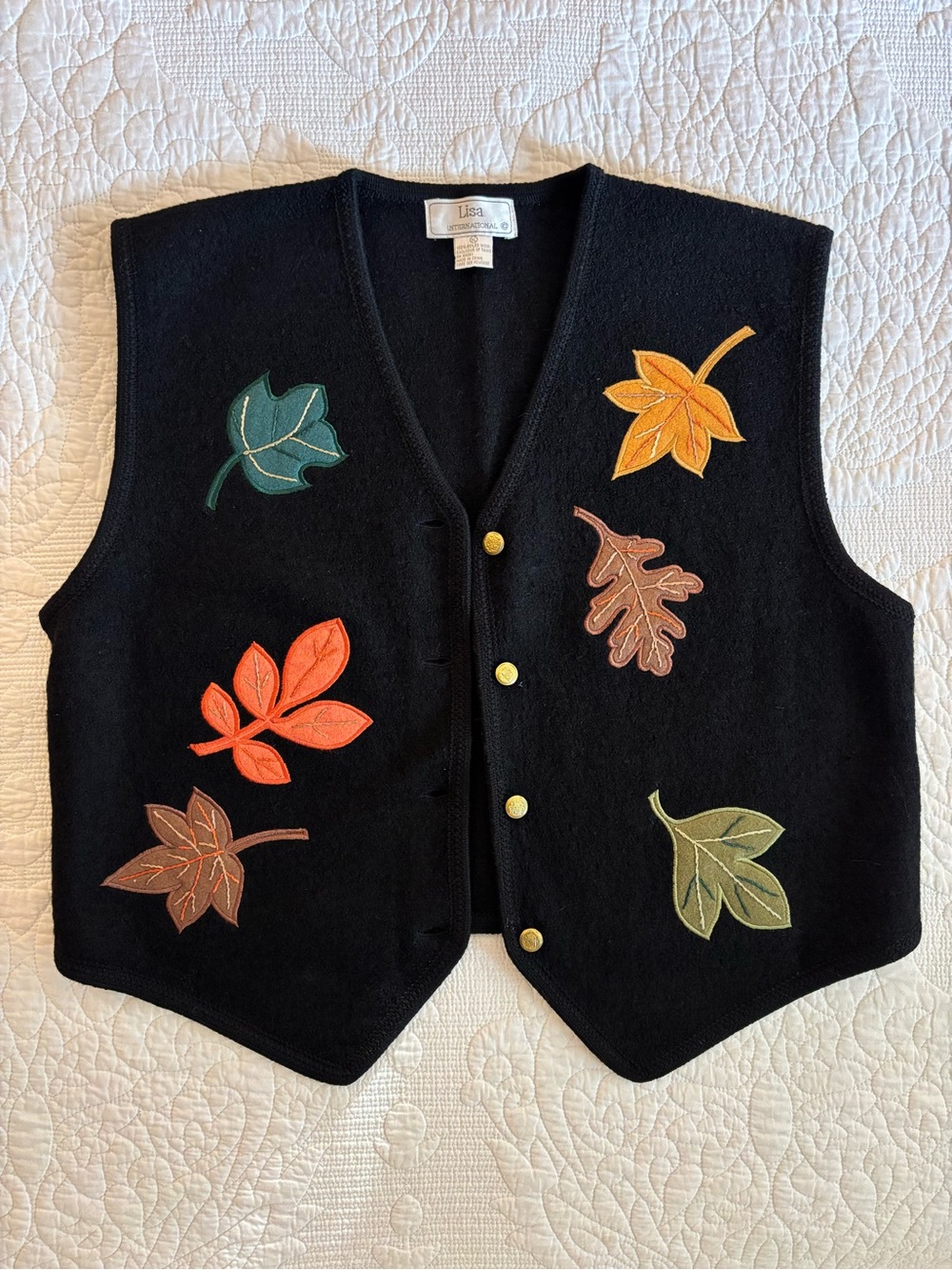 Vintage Black Wool Vest with Multicolor Autumn Leaves